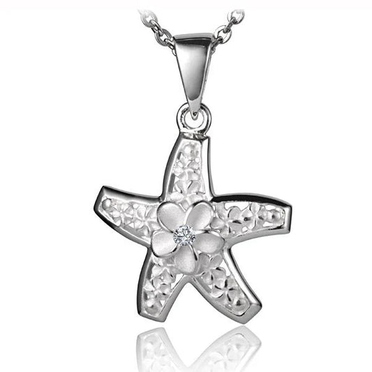 Plumeria starfish pendant in silver with floral details, featuring a delicate design and ocean-inspired charm.