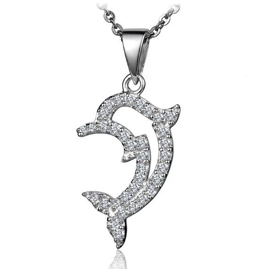 Dolphin outline CZ pendant in silver-tone metal, featuring sparkling cubic zirconia stones, designed by Ashley's Gift Shop.
