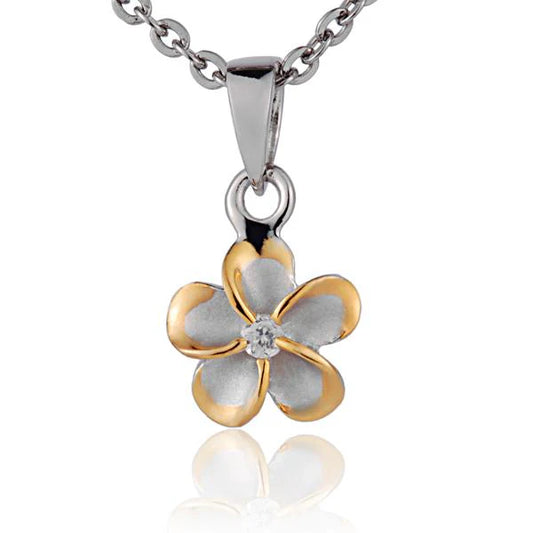 8mm Plumeria CZ pendant in yellow gold rhodium finish, featuring detailed floral design, perfect for jewelry making or accessories.