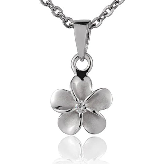 8mm Plumeria CZ rhodium pendant featuring a floral design, crafted by Ashley's Gift Shop.