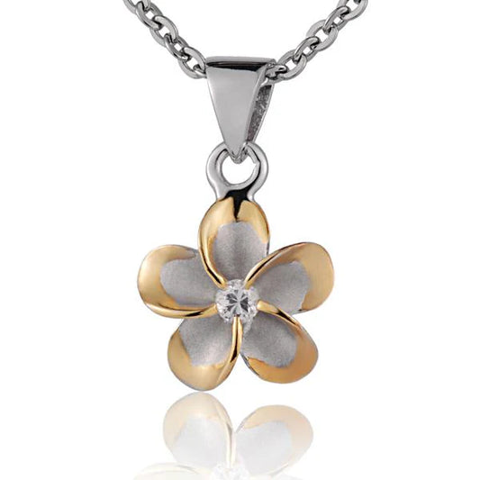 Plumeria CZ yellow gold rhodium pendant, 10mm, featuring a floral design, jewelry accessory with sparkling cubic zirconia stones