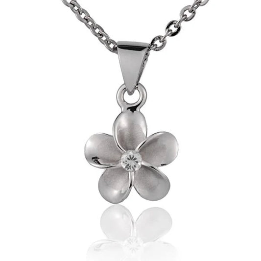 Rhodium-plated Plumeria CZ pendant, 10mm size, featuring a floral design, ideal for jewelry or necklace accessories.