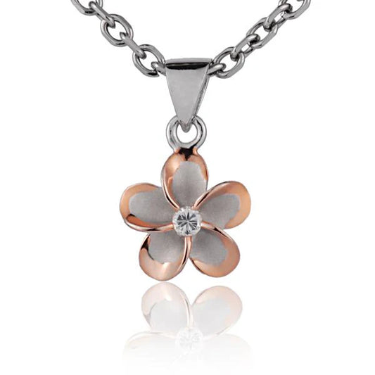 Plumeria CZ PG rhodium pendant, 10mm, featuring a floral design with sparkling cubic zirconia, crafted by Ashley's Gift Shop.