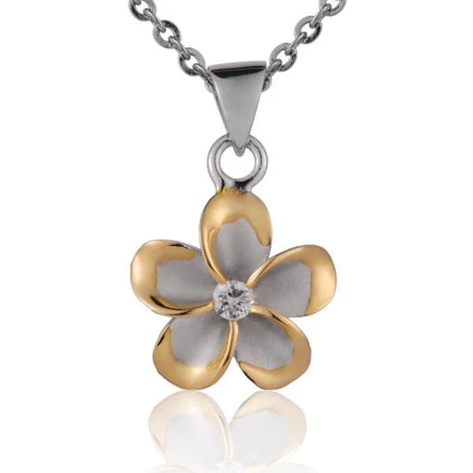 Plumeria CZ yellow gold rhodium pendant, 12mm, featuring a floral design with sparkling cubic zirconia accents.