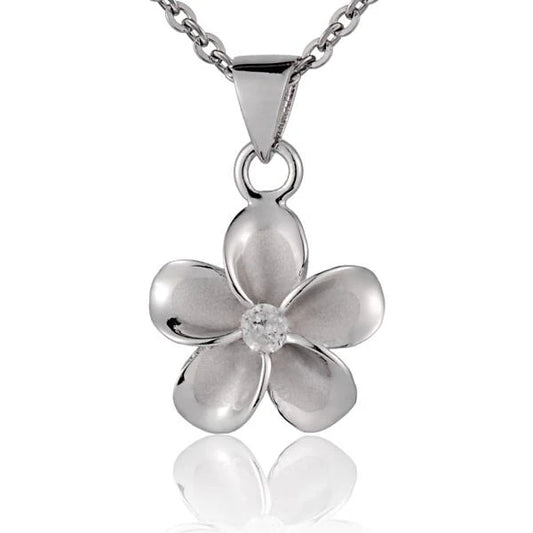 Rhodium-plated Plumeria CZ pendant, 12mm, featuring a floral design, perfect for jewelry making or as a decorative accessory.