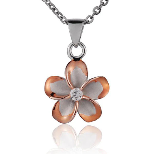 Plumeria CZ PG Rhodium Pendant featuring a 12mm floral design, showcasing sparkling cubic zirconia and a polished rhodium finish.