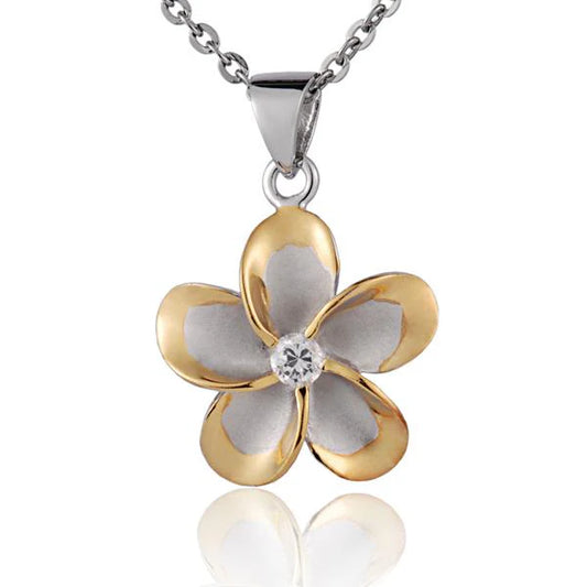 Gold rhodium-plated Plumeria CZ pendant with 15mm size, featuring a floral design, perfect for jewelry making.