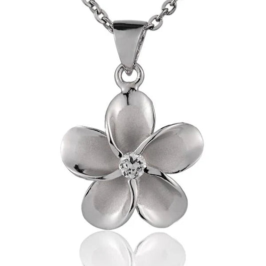 Plumeria CZ rhodium pendant, 15mm, featuring a floral design with sparkling cubic zirconia stones, from Ashley's Gift Shop.