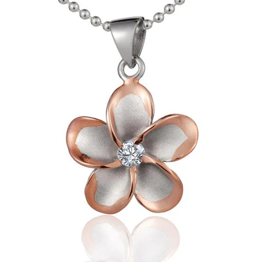 Plumeria CZ PG Rhodium Pendant, 15mm, featuring a floral design with pink gold finish and sparkling cubic zirconia accents.