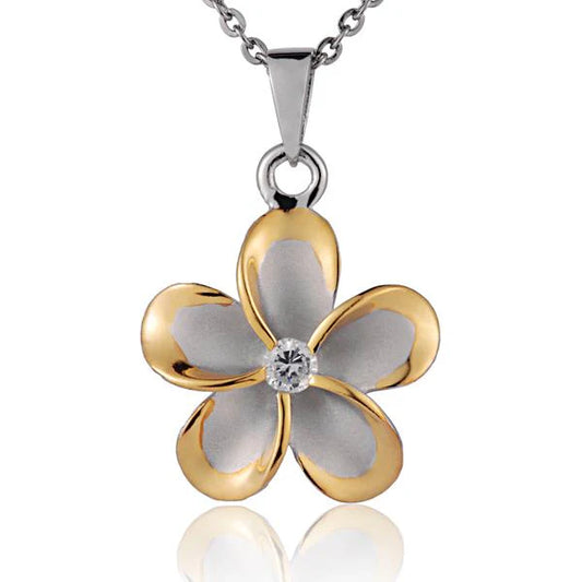 Yellow gold Plumeria CZ pendant with rhodium finish, 18mm, featuring detailed floral design, perfect for jewelry making.