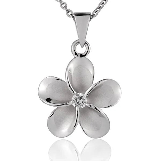 Rhodium-plated Plumeria CZ pendant, 18mm, featuring intricate flower design, ideal for jewelry making or as a decorative accessory.