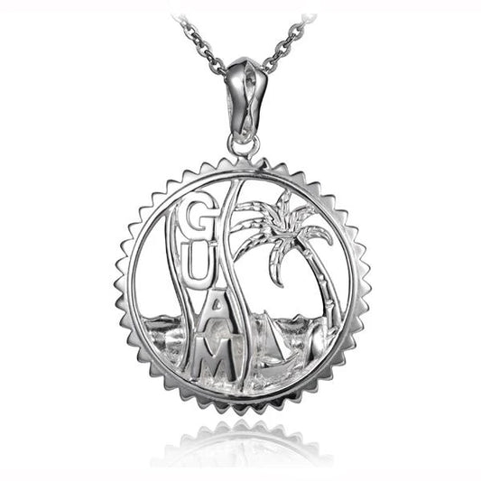 Guam Palm Tree Circle Pendant necklace with tropical palm tree design, crafted by Ashley's Gift Shop, displayed on a neutral background.