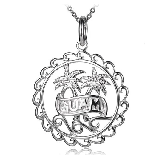 Ashley’s Gift Shop Guam Palm Pendant #1 showing a detailed wooden pendant with tropical palm leaf design on a black cord necklace.
