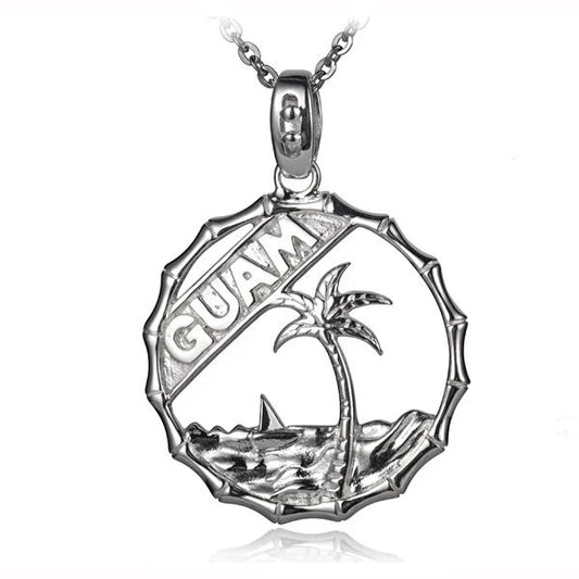 Guam Palm Pendant #2 from Ashley's Gift Shop featuring a detailed palm tree design in metal on a chain.