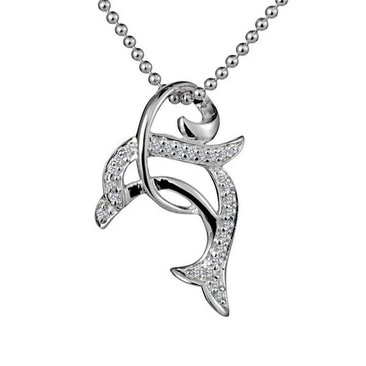 Silver CZ dolphin loop pendant necklace featuring a sparkling dolphin charm on a delicate chain.