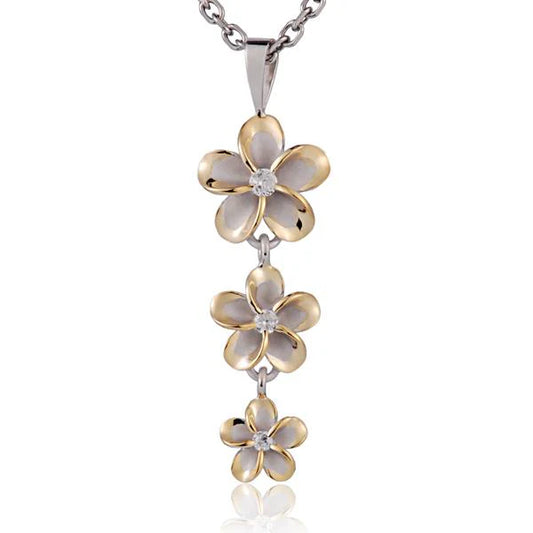 Rhodium Plumeria CZ pendant with yellow gold accents, featuring 12mm, 10mm, and 8mm flower-shaped gemstones, handcrafted jewelry piece