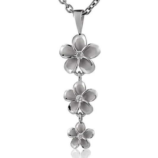 Rhodium Plumeria CZ pendant in 12mm, 10mm, 8mm sizes with floral design, featuring sparkling cubic zirconia stones.