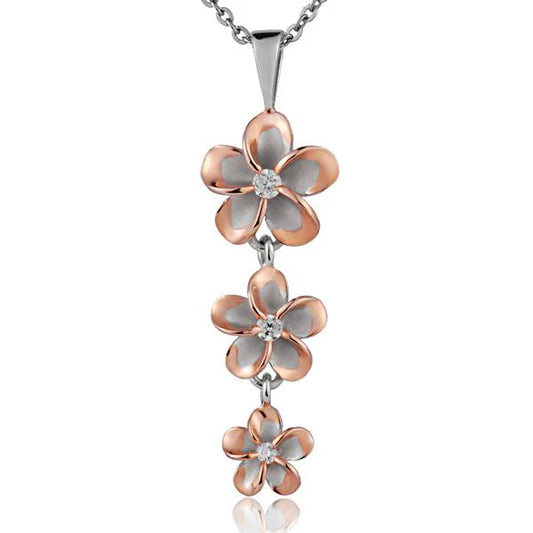 Rhodium Plumeria CZ PG pendant with 12mm, 10mm, 8mm sizes, featuring a floral design with pink cubic zirconia stones.