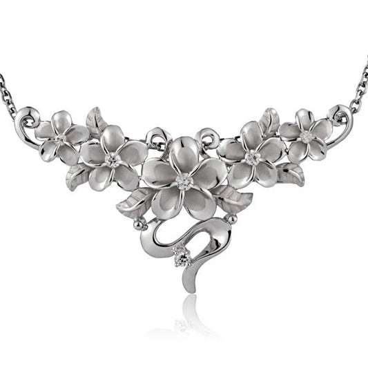 Plumeria and six-leaf CZ rhodium slider pendant featuring floral design, jewelry accessory from Ashley's Gift Shop.