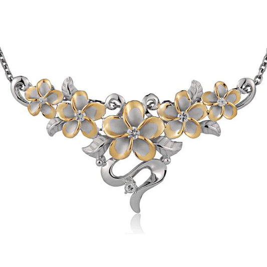 Yellow gold-plated Plumeria and 6-leaf CZ slider pendant with rhodium finish, designed by Ashley's Gift Shop.