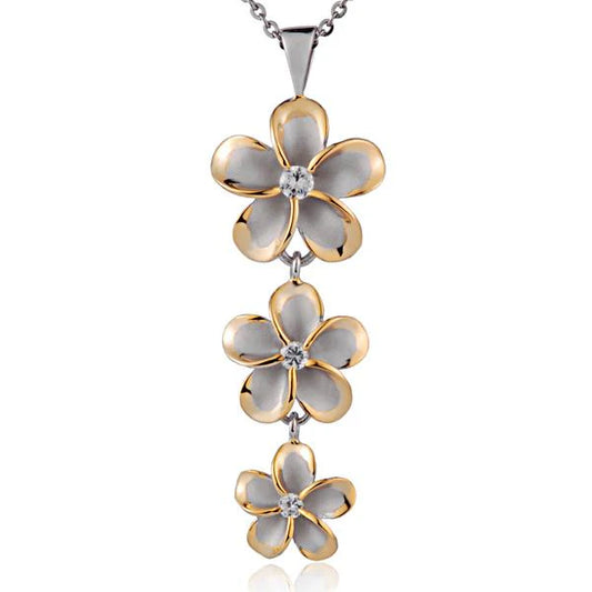 Rhodium Plumeria CZ YG 2T pendant in yellow gold with detailed flower design, 18/15/12mm size, jewelry accessory.