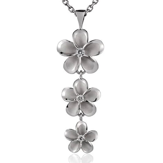Rhodium Plumeria CZ pendant featuring floral design in 18mm size, perfect for jewelry making or as a decorative accessory.