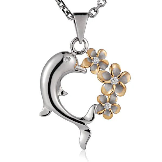Rhodium-plated 3D plumeria dolphin heart pendant in yellow gold finish, featuring intricate floral and dolphin design.