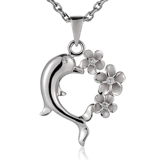 Rhodium 3Plumeria Dolphin Heart Pendant, silver jewelry with dolphin and heart design, crafted by Ashley's Gift Shop
