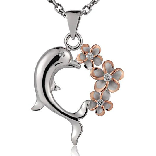 Rhodium 3Plumeria Dolphin Heart PG pendant featuring a heart and dolphin design, crafted by Ashley's Gift Shop.