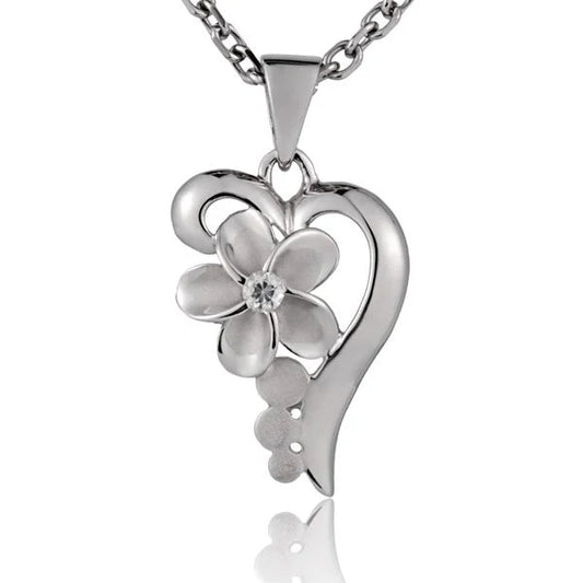 Half heart Plumeria CZ pendant in 10mm, featuring sparkling cubic zirconia and floral design, from Ashley's Gift Shop.