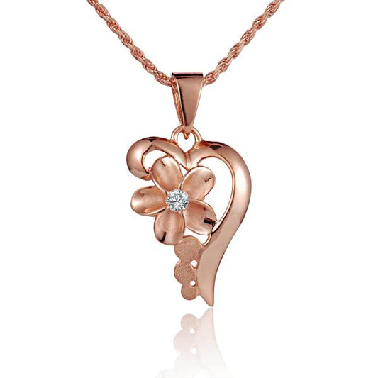 Half heart Plumeria CZ pendant in pink gold plating, 10mm size, featuring intricate floral design, perfect for jewelry making.