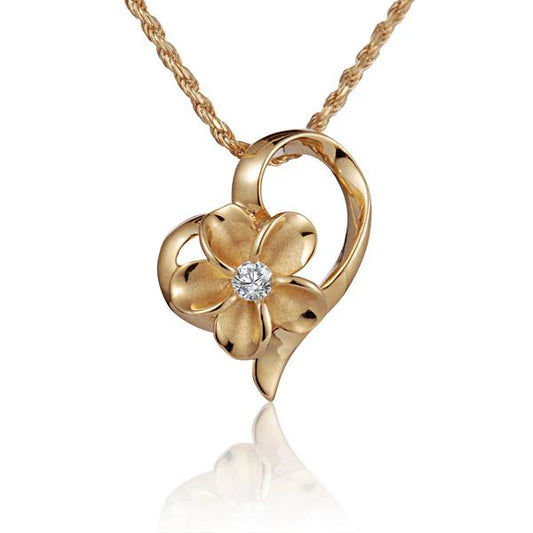 Gold-plated Plumeria Heart CZ pendant with 2-tone design, 10mm size, featuring sparkling cubic zirconia stones.