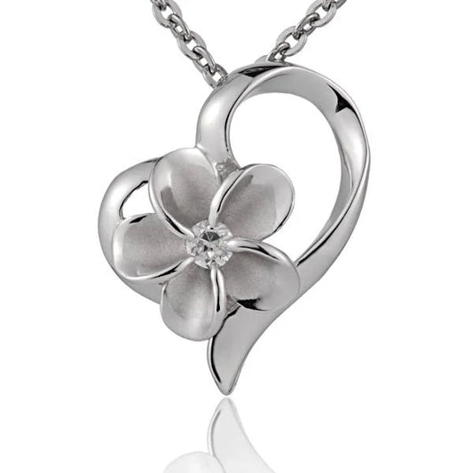 Plumeria Heart CZ pendant in 10mm with sparkling cubic zirconia, featuring a silver-tone chain for elegant jewelry.