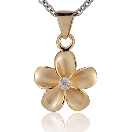 Yellow gold plated plumeria CZ pendant, 12mm, featuring floral design, perfect for jewelry making or as a decorative accessory.