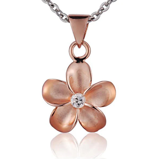 Plumeria CZ PG plated pendant, 12mm, featuring a floral design in pink gold plating, ideal for jewelry making or accessories