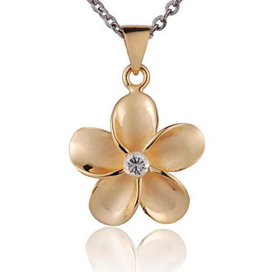 15mm yellow gold plated Plumeria CZ pendant featuring a floral design, ideal for necklaces and jewelry making.