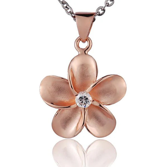Ashley’s Gift Shop Plumeria CZ PG plated pendant, 15mm floral jewelry piece with sparkling cubic zirconia accents.