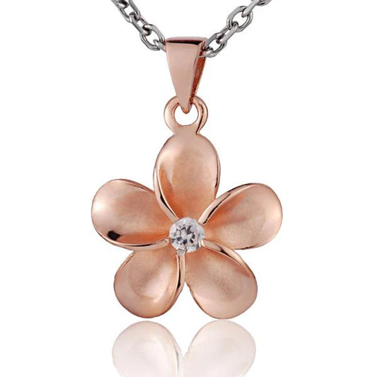 Plumeria CZ pendant with 18mm PG plated finish, featuring a floral design, suitable for jewelry making and accessories.