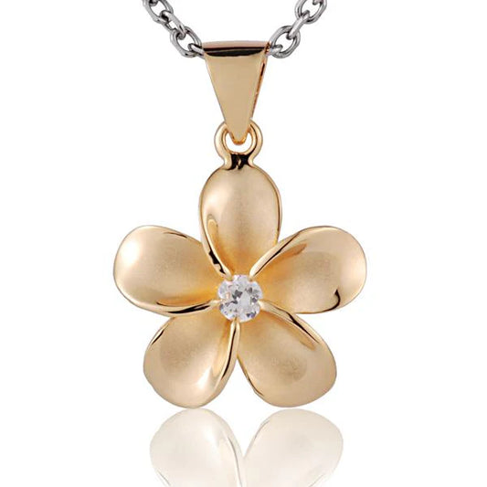 Gold-plated Plumeria CZ pendant, 20mm, featuring a floral design, perfect for jewelry making or as a decorative accessory.