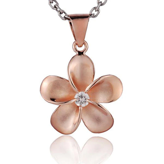 Plumeria CZ PG plated pendant, 20mm, featuring a floral design with sparkling cubic zirconia accents, ideal for jewelry making.