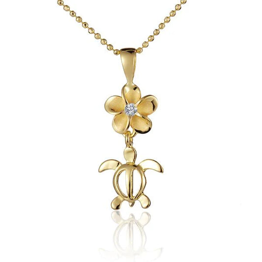 8mm Plumeria CZ Honu Rhodium Yellow Gold Pendant with tropical turtle design from Ashley's Gift Shop