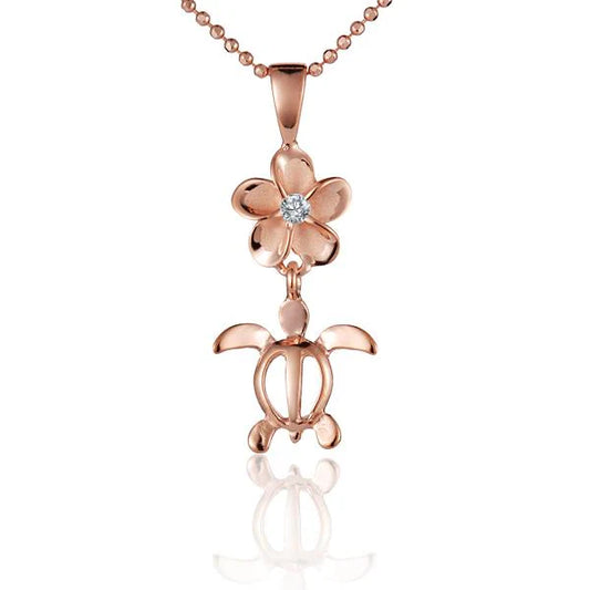 8mm Plumeria CZ Honu Rhodium PG pendant featuring a tropical turtle design, crafted by Ashley's Gift Shop.