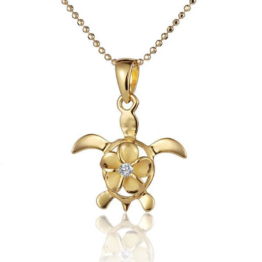 Sterling silver Plumeria CZ Honu YG pendant featuring 8mm design with a rhodium finish, crafted by Ashley's Gift Shop