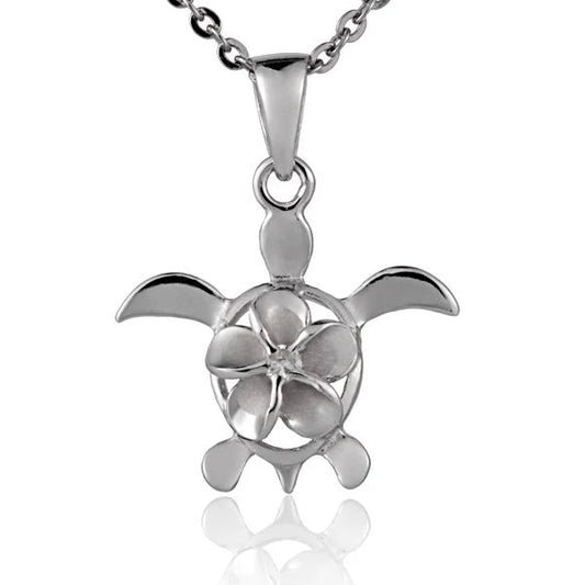 Sterling silver Plumeria CZ Honu rhodium pendant featuring an 8mm design, crafted by Ashley's Gift Shop.