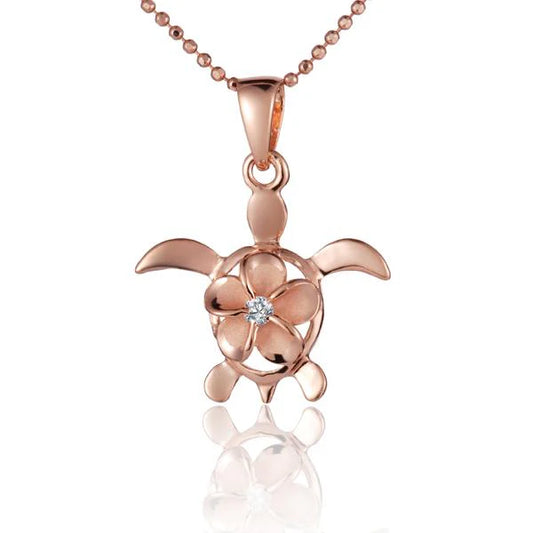 Sterling silver Plumeria CZ Honu rhodium pendant featuring an 8mm design, crafted by Ashley's Gift Shop.