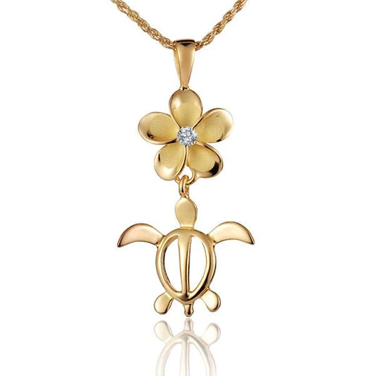 Sterling silver Plumeria CZ Honu Rhodium pendant with a 12mm gold vermeil finish, featuring a tropical ocean turtle design.