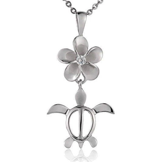 Sterling silver Plumeria CZ Honu pendant with 12mm size, featuring a rhodium finish and ocean-inspired turtle design.