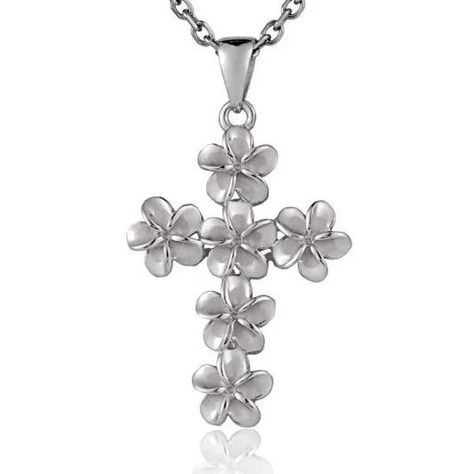 Rhodium cross pendant with 8mm plumeria flower design, jewelry accessory from Ashley's Gift Shop.