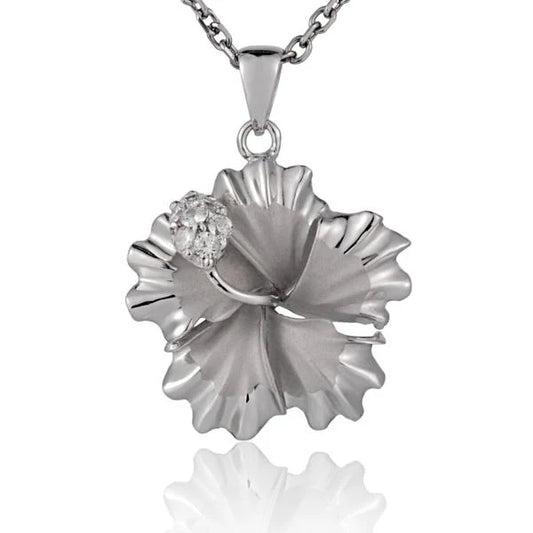 Hibiscus CZ Rhodium Pendant, 25mm, showcasing a detailed floral design with sparkling cubic zirconia on a silver-tone chain.