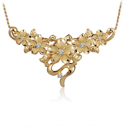 Plumeria CZ yellow gold plated pendant featuring a floral design, 5 inches long, on a delicate chain.